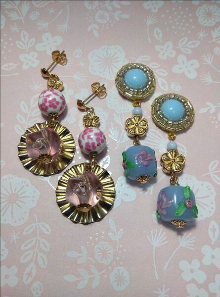 ハンドメイド ピアス or イヤリング 2点セット 和風陶器 とんぼ玉