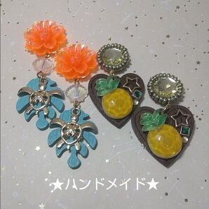 ハンドメイド イヤリング ピアス 2点セット ハワイアンホヌとパイナップルハート