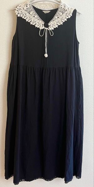 新品同様 Samansa Mos2 サマンサモスモス 付け襟付き 黒のAラインリネンノースリーブワンピース !