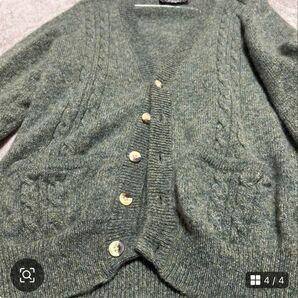 ウール100% ケーブル編みカーディガン グリーン 深緑