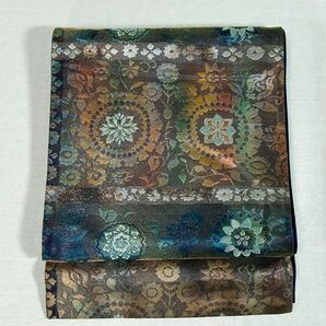 OF113 袋帯 超美品 青 シルバー 花柄 匿名配送 フォーマル 正絹