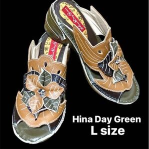 値下美品【Hina Day Green/ヒナ デイ グリーン】フラワーモチーフ♪本革/ウエッジソールサンダル/サボ/レザーサンダル