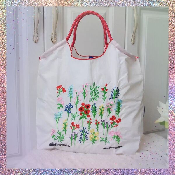 刺繍エコバッグ ショッピングバック 買い物 Mサイズ 花柄ホワイト