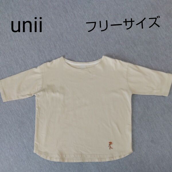 unii ベージュ 七分袖Tシャツ キツネ刺繍 ナチュラン 北欧