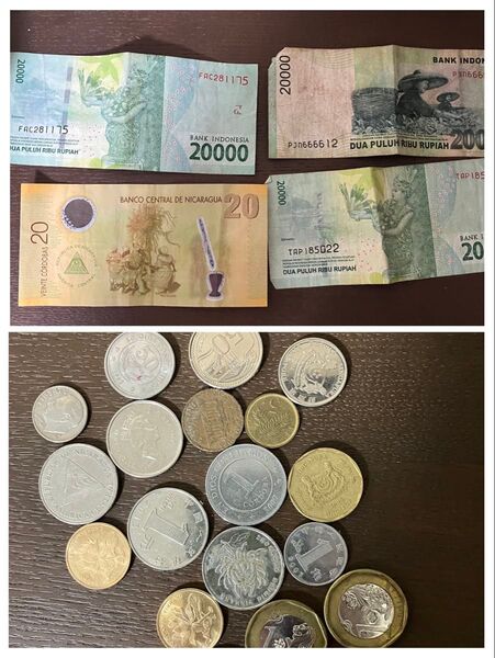 値下)ニカラグア、インドネシア紙幣とコイン色々