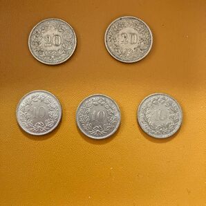 スイス旧硬貨 20サンチーム×2枚 10サンチーム×3枚 5枚セット