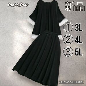 大きいサイズ 3L 4L 5L 6L ブラック 黒 モノトーン レース スカート セットアップ 半袖 カジュアル お洒落 Y344