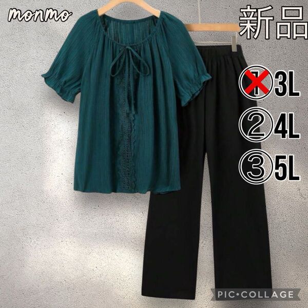 大きいサイズ 3L 4L 5L 6L レディース 黒 ブラック グリーン リボン パンツ セットアップ カジュアル 夏 Y369
