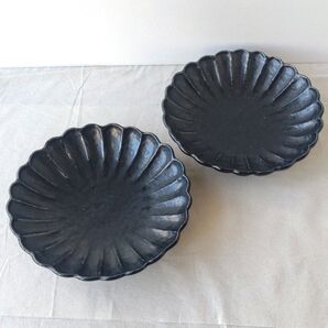 【2枚】新品 日本製 美濃焼 菊形 大皿 深皿 墨黒 和モダン パスタ皿 煮物鉢