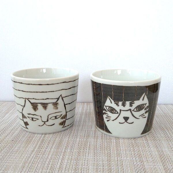 【2個】新品 日本製 美濃焼 フリーカップ そば猪口 湯呑み しましま ネコ 猫