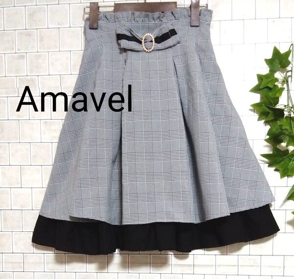 美品【Amavel☆アマベル】姫系 フレアスカート リボン付き チェック柄 黒系 F ロリータ