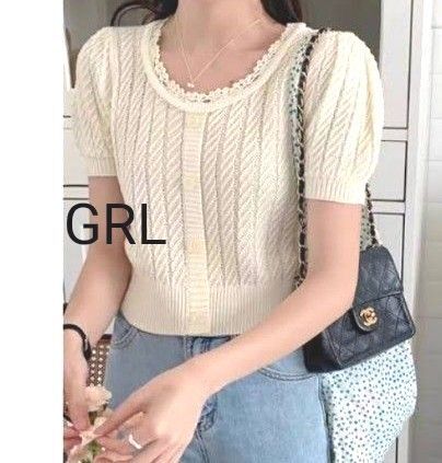 ●クーポンで300円●良品美品【GRL☆グレイル】透かし編みニット 半袖カットソー レース 白系 アイボリー M サイズ