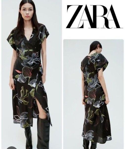 ●最終価格●未使用【ZARA】フレンチスリーブ カシュクールロングワンピース 黒 JAPAN M 花柄