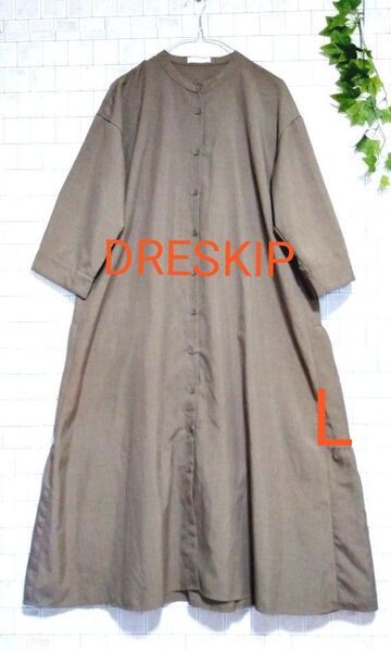 良品【ワールド☆DRESKIP】バンドカラー&バックティアード シャツワンピース グリーン系 L 羽織 七分袖