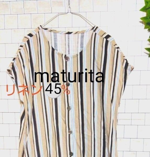 ●最終価格●リネン 45%【maturita マチュリタ セシオ】フレンチスリーブシャツワンピース ストライプ柄 M 38