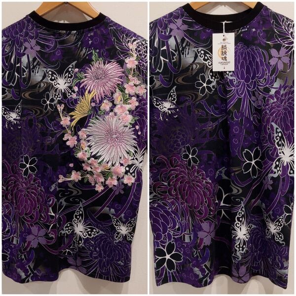新品タグ付き絡繰魂総柄プリント蝶桜菊刺繍入り半袖TシャツMサイズ黒紫 綿100