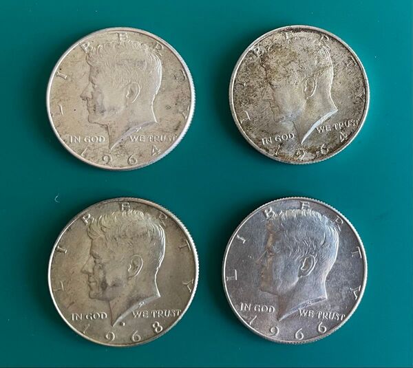 ケネディハーフダラー銀貨 4枚 アメリカ リバティコイン 50セント銀貨 硬貨 1964年 1966年 1968年