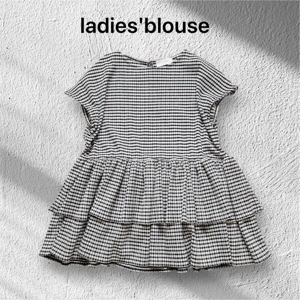 美品 レディースストレッチ素材ウエスト切り替えフリルカットソー フレンチスリーブ ギンガムチェック柄 半袖 チュニック M