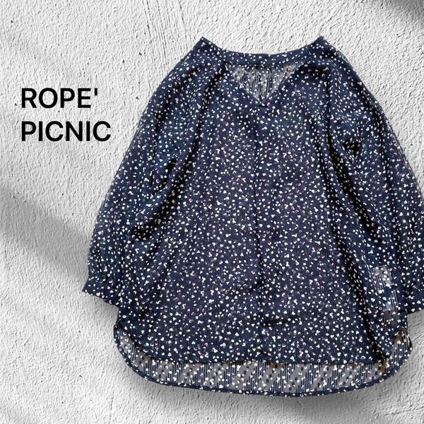 美品【ロペピクニック】レディース7分丈シアーブラウス スキッパー 小花柄総柄 ダークネイビー Vネック 透け感有り 38サイズ M