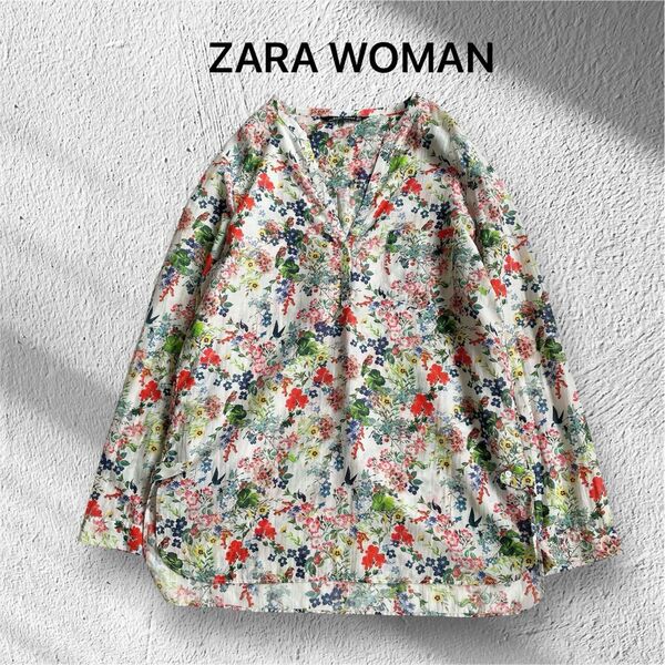 訳有り【ZARA WOMAN ザラウーマン】レディースフラワープリント長袖ブラウス ボタニカル花柄 総柄 華やか Mサイズ