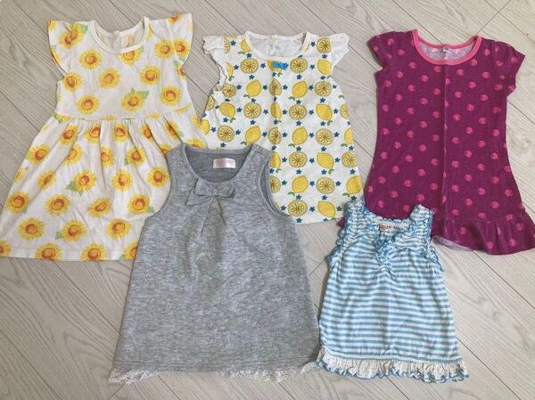 子供服 西松屋 5点セット ワンピース タンクトップ チュニック 半袖Tシャツ 女の子 花柄 ノースリーブ 黄色 水色 まとめ売り