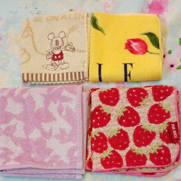 【洗濯済み未使用】ピンクハウス PINK HOUSE、フランフラン、ELLE、ディズニー タオルハンカチ4枚セット 苺 花柄