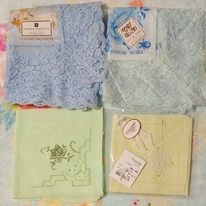 新品未使用 近沢レース、ピエール・バルマン、ハナエモリ 等 ハンカチ4枚セット レース 花柄