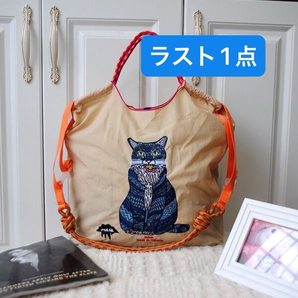 トートバッグ 猫 サブバッグ エコバッグ ハンドバッグ ベージュ ナイロン