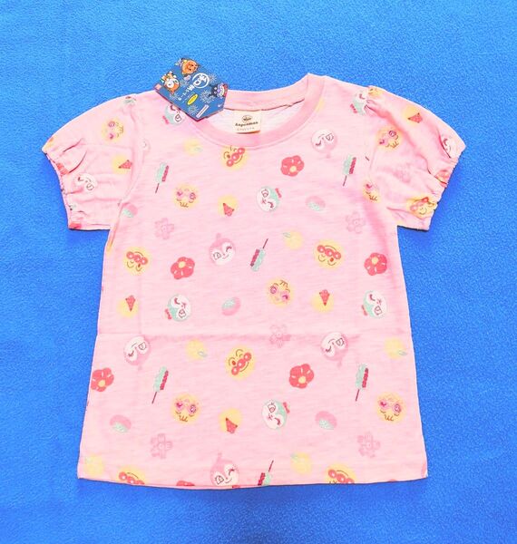 100cm 新品 アンパンマン 和菓子柄パフスリーブ半袖Tシャツ ピンク Tシャツ 半袖Tシャツ
