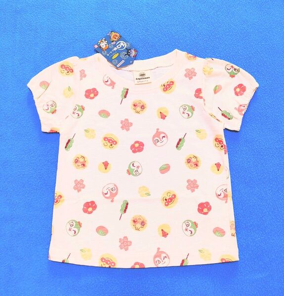 100cm 新品 アンパンマン 和菓子柄パフスリーブ半袖Tシャツ アイボリー