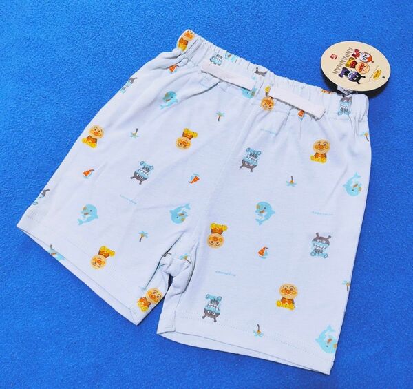 90cm 新品 アンパンマン 特価 マリン総柄3分丈パンツ ブルー パンツ