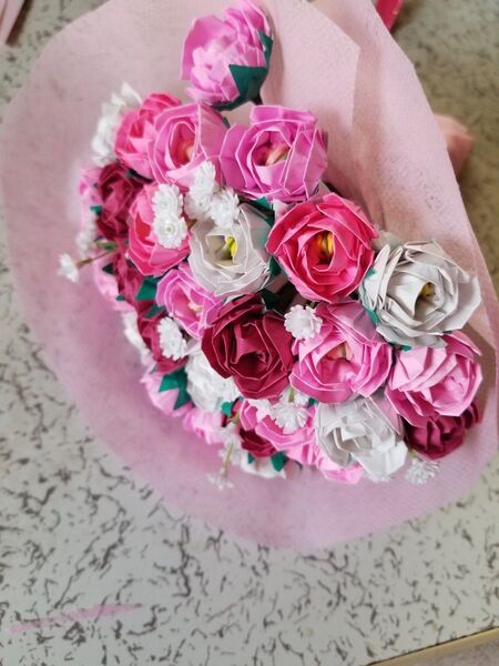 折り紙 ミニ薔薇の花束 ブーケ ピンク 30本