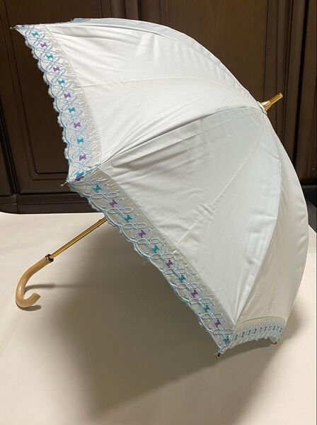 CELINE セリーヌ 日傘 長傘 アンブレラ 日除け UV対策 熱中症対策 夏 婦人 刺繍 レース 水色 ムーンバット 廃盤