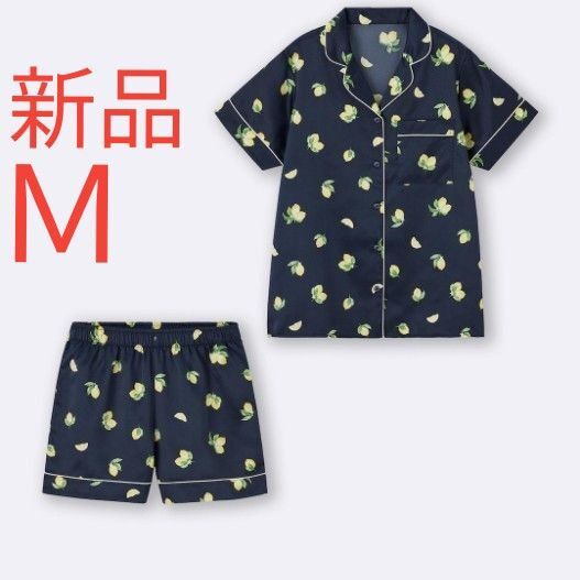 新品 GU ジーユー サテンパジャマ 半袖 ショートパンツ レディース ルームウエア パジャマ レモン柄 ネイビー Mサイズ
