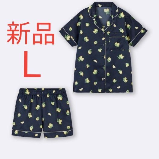 新品 GU ジーユー サテンパジャマ 半袖 ショートパンツ レディース ルームウエア パジャマ レモン柄 ネイビー Lサイズ