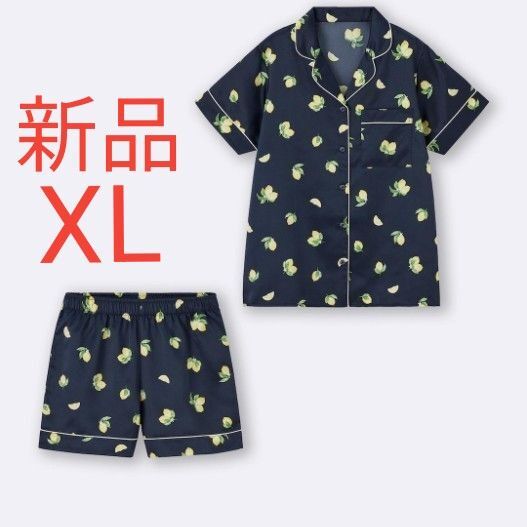 新品 GU ジーユー サテンパジャマ 半袖 ショートパンツ レディース ルームウエア パジャマ レモン柄 ネイビー XLサイズ