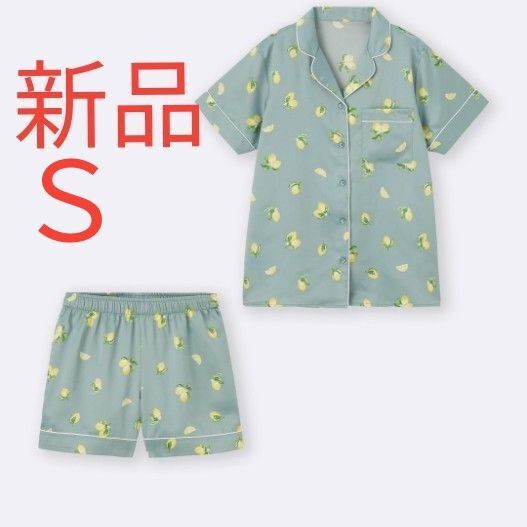 新品 GU ジーユー サテンパジャマ 半袖 ショートパンツ レディース ルームウエア パジャマ レモン柄 グリーン Sサイズ
