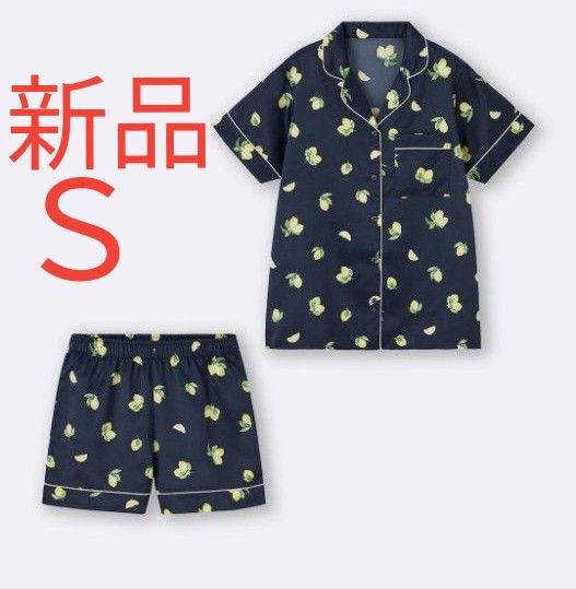 新品 GU ジーユー サテンパジャマ 半袖 ショートパンツ レディース ルームウエア パジャマ レモン柄 ネイビー Sサイズ