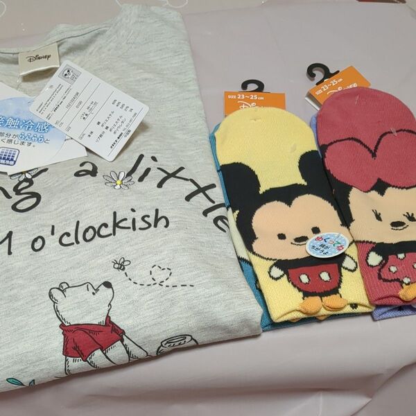Disney プーさん Tシャツ Lサイズ!両足柄違いディズニー 靴下 2点セット!