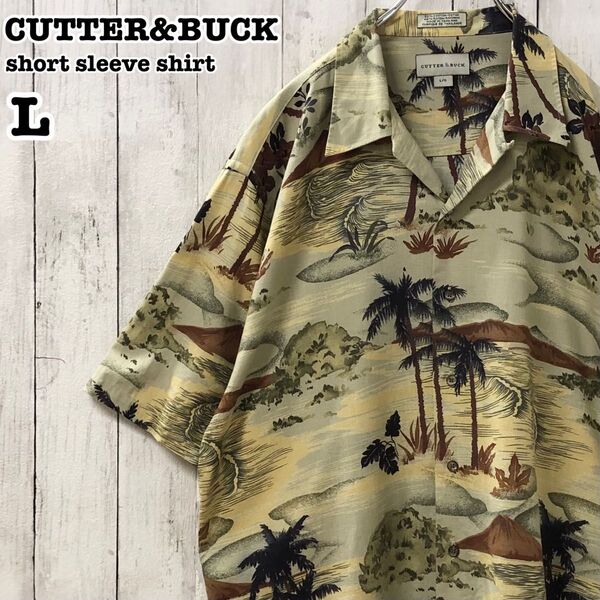 CUTTER&BUCK US アメリカ古着 総柄 ヤシの木 開襟 オープンカラー 半袖 アロハシャツ L