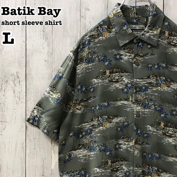 Batik Bay US アメリカ古着 総柄 ヤシの木 レーヨン 半袖 アロハシャツ L