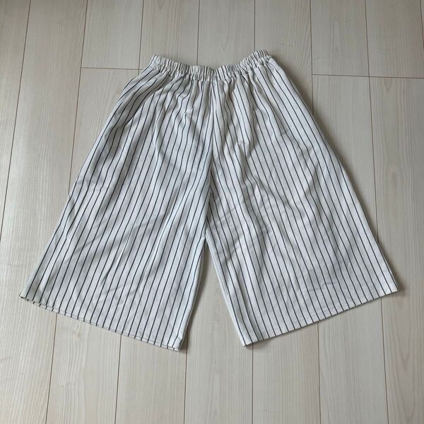 ホワイト ストライプ ガウチョパンツ ピンクアドベ M ワイドパンツ ウエストゴム 裏地有り