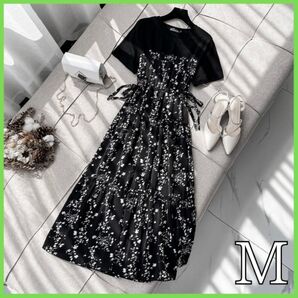 花柄 ワンピース M ブラック黒 脚長効果 マタニティ Aライン フレアスカート