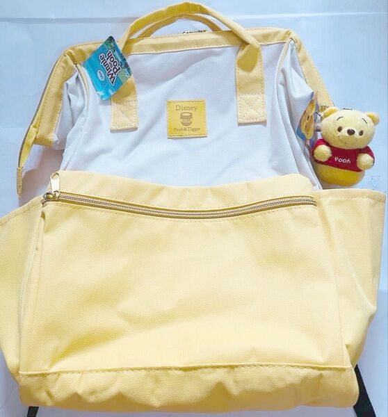 【未使用】ディズニープーさん 口がガバッと開くリュック !中の柄も可愛いい!ぬいぐるみ1個 全2点セット!