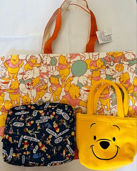 プーさん3点セット!東京ディズニーランド総柄トート、ミニトートバック ディズニー折りたたみトートバック