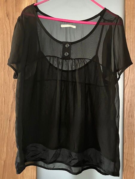LOWRYS FARM 半袖 シフォン シアーブラウス シースルー ブラック L