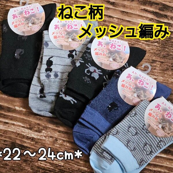 ねこ柄 メッシュ靴下 5足セット レディース 夏用ソックス 22-24cm 夏用 涼しい靴下