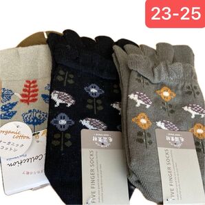 【新品3足】レディース 靴下 ソックス 5本指 ハリネズミ ボタニカル柄 23〜25cm