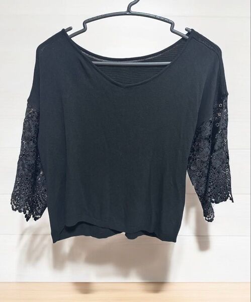 アクシーズファム axes femme 袖レース 半袖 T プルオーバー ブラック Mサイズ