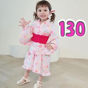 130cm キッズ浴衣 リボン帯付きワンピース3点セット セパレートタイプで着付け楽チン 夏祭りや花火大会にオススメ